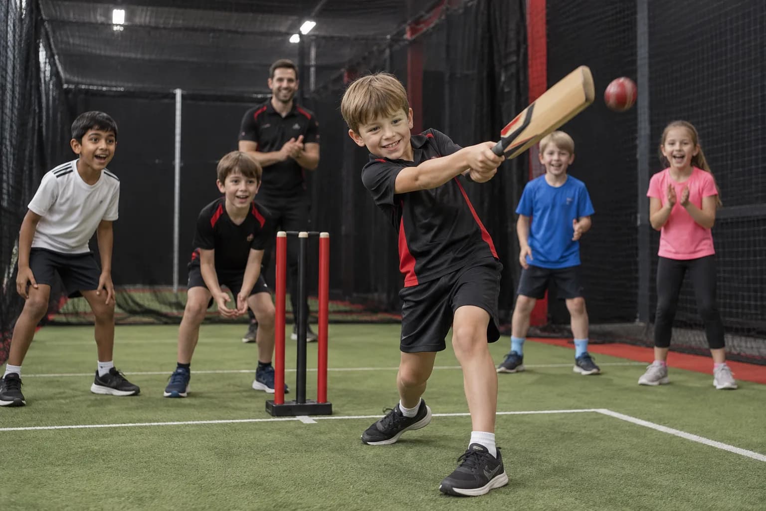 Children enjoying a supervised indoor cricket activity