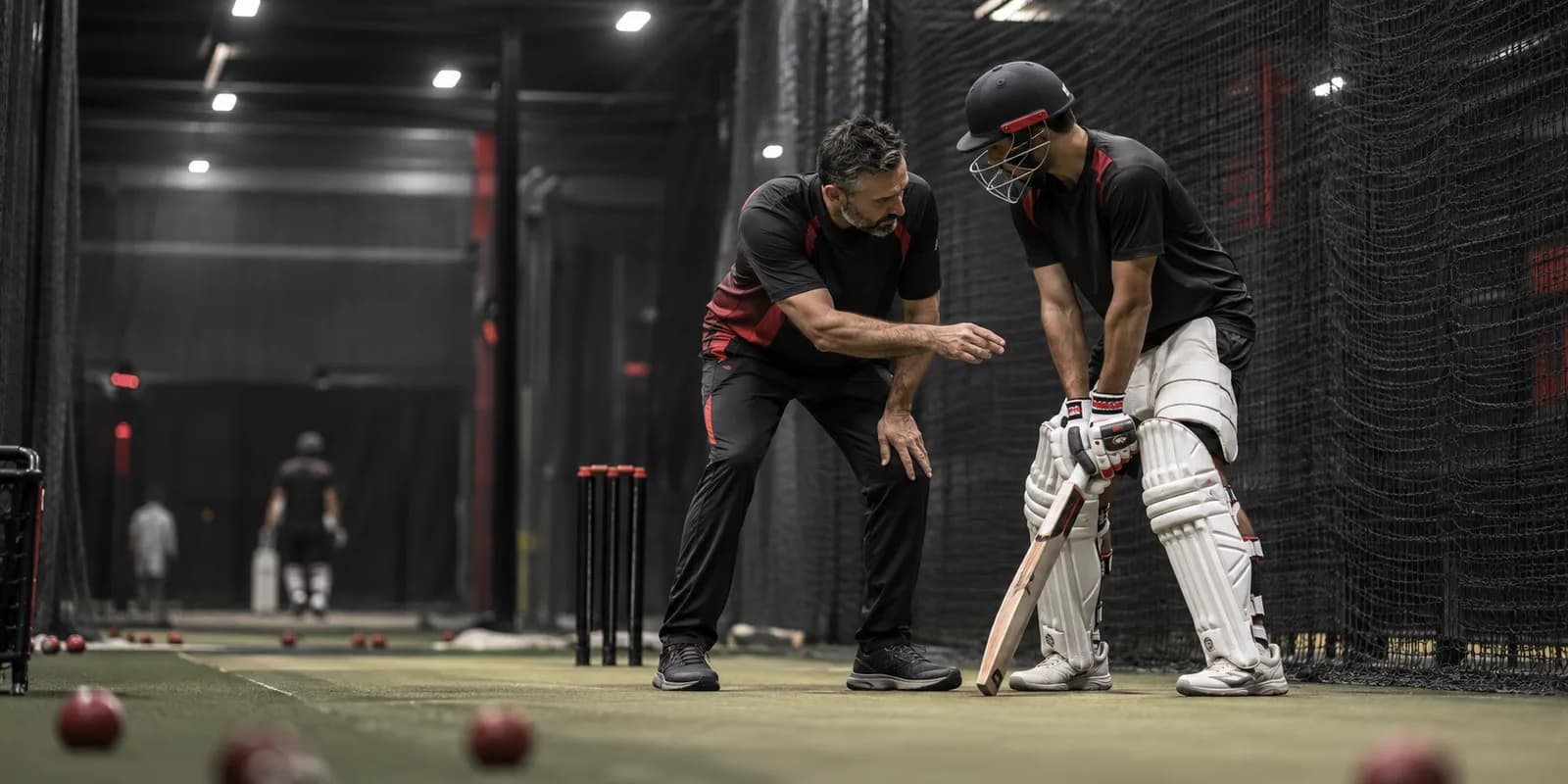 Coach guiding a player through batting technique in an indoor net