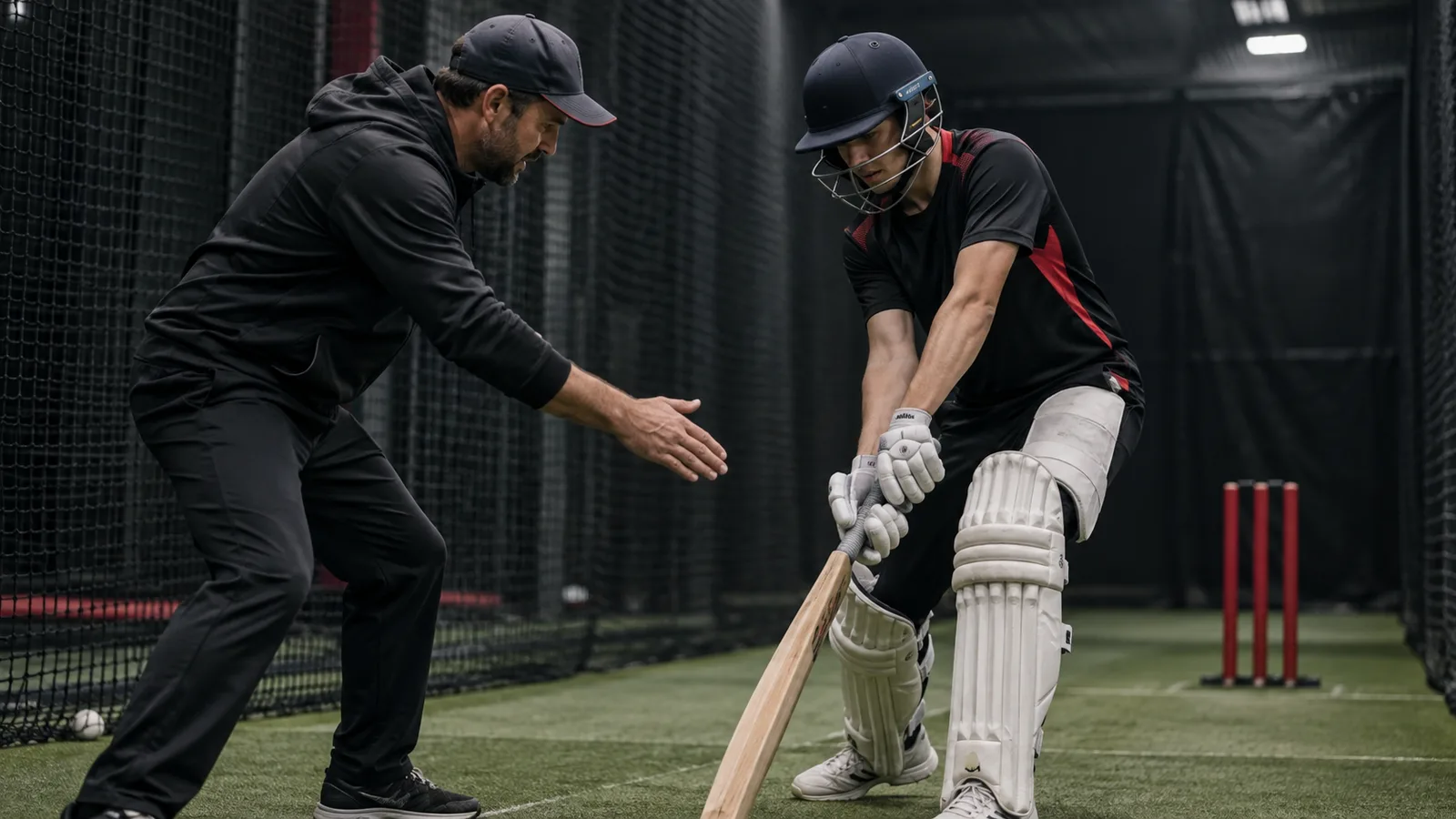 Coach giving individual batting guidance during indoor practice